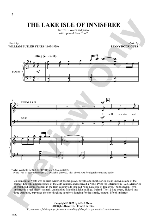 The Lake Isle of Innisfree - TTB Choral Octavo (Digital Download)