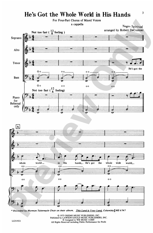 He's Got the Whole World in His Hands – SATB, a cappella Choral Octavo (Digital Download)