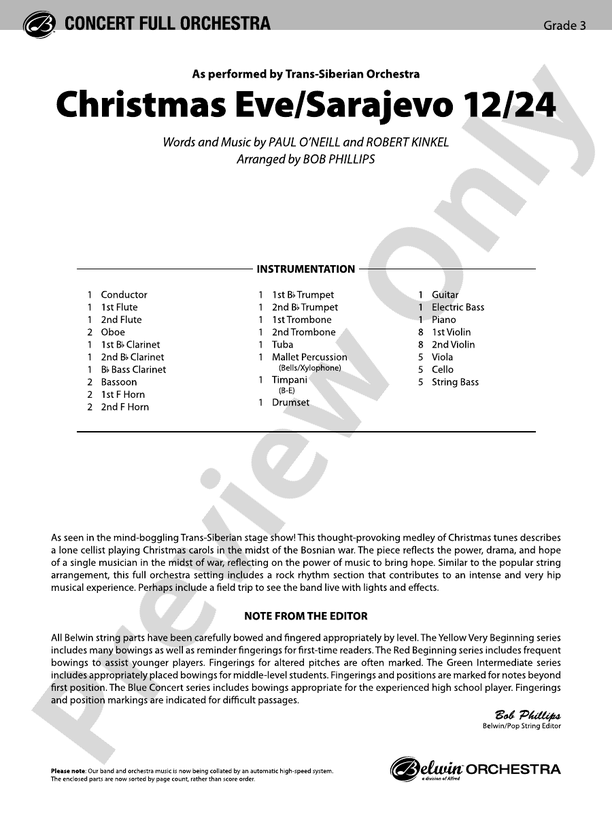Christmas Eve/Sarajevo 12/24 – Full Orchestra Conductor Score & Parts (Digital Download)