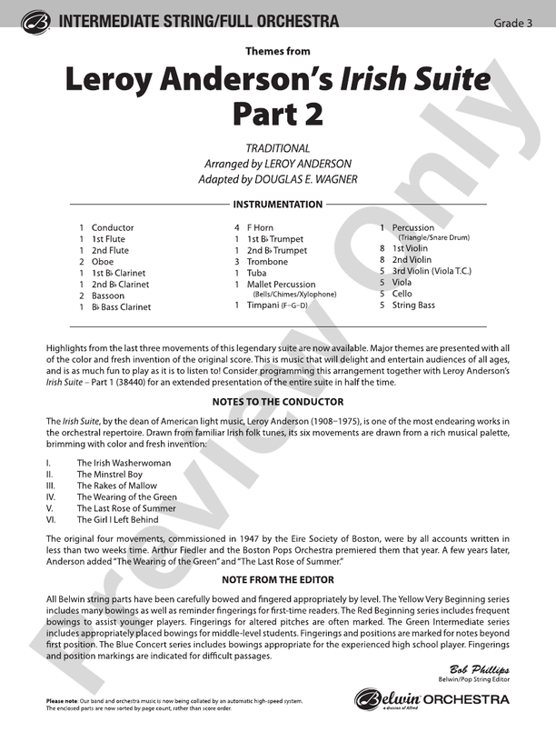 Leroy Anderson's Irish Suite, Part 2 (Themes from) – Full Orchestra Conductor Score & Parts (Digital Download)