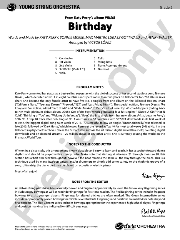 Birthday - String Orchestra Conductor Score & Parts (Digital Download)