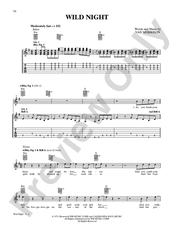 Wild Night - Interm./Easy Guitar TAB (Digital Download)