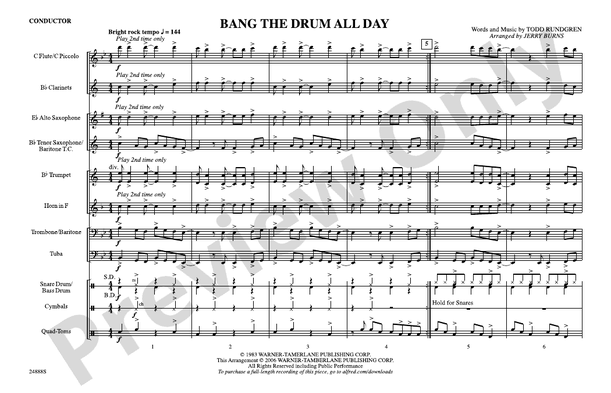 Bang the Drum All Day (Arr. Jerry Burns) – Marching Band Conductor Score & Parts (Digital Download)
