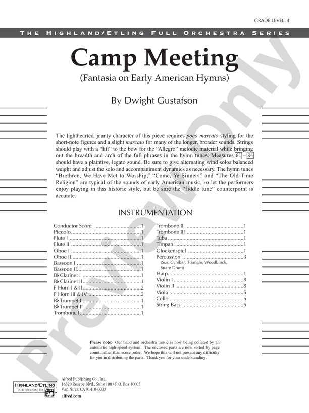 Camp Meeting (Fantasia on Early American Hymns) – Full Orchestra Conductor Score & Parts (Digital Download)