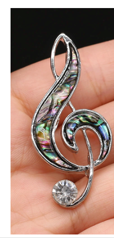 Treble Clef Pin/Brooch Silver with Green Shell Inlay and Diamonte