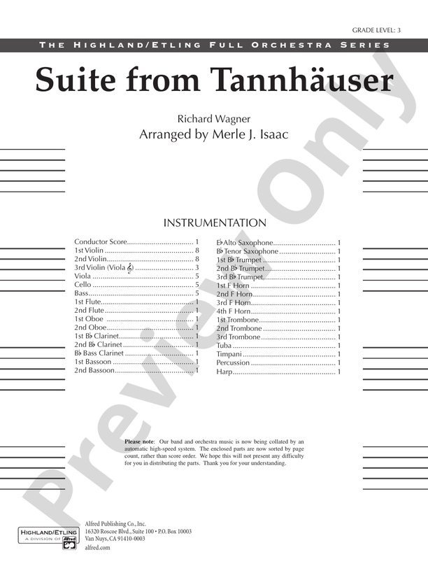 Suite from Tannhäuser – Full Orchestra Conductor Score & Parts (Digital Download)