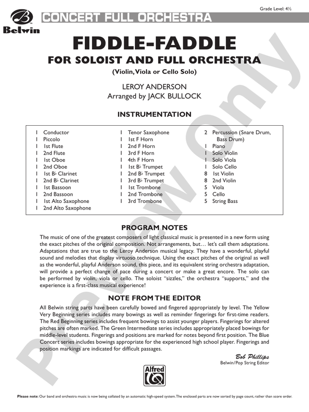 Fiddle-Faddle for Soloist and Full Orchestra – Full Orchestra Conductor Score & Parts (Digital Download)