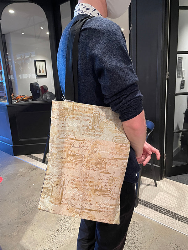 Tote or Music Bag Beige Fabric with Brown Manuscript and Gold Instruments