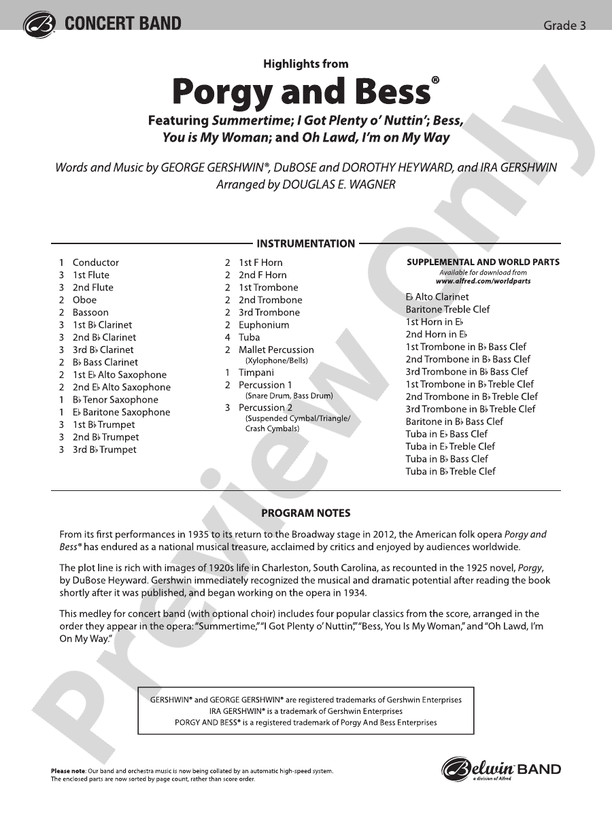 Porgy and Bess, Highlights from - Concert Band Conductor Score & Parts (Digital Download)