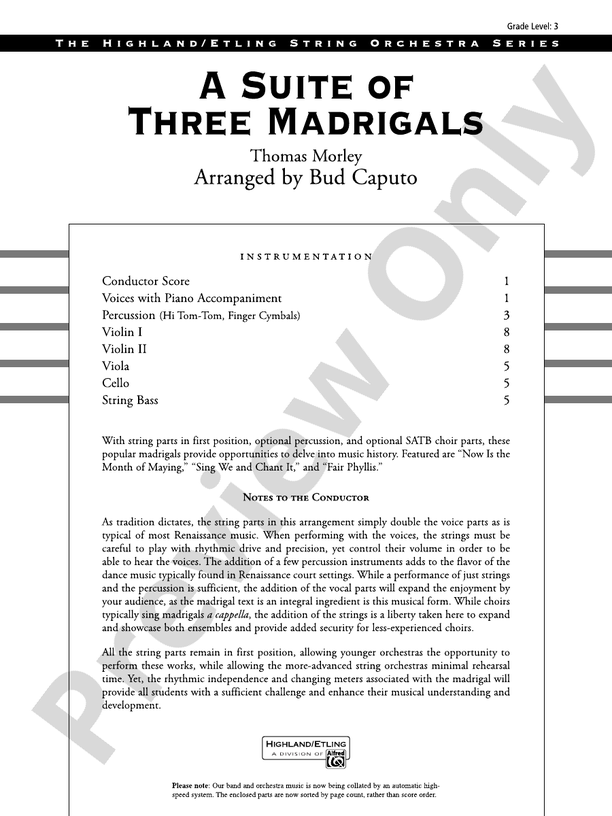 A Suite of Three Madrigals – String Orchestra Conductor Score & Parts (Digital Download)