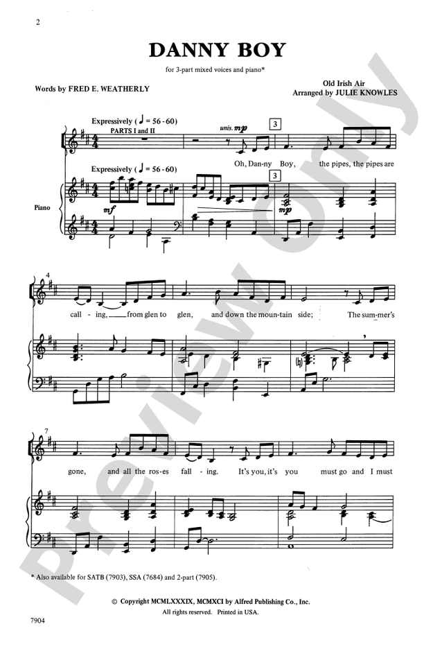 Danny Boy - Arr. Julie Knowles – 3-Part Mixed Choral Octavo (Digital Download)