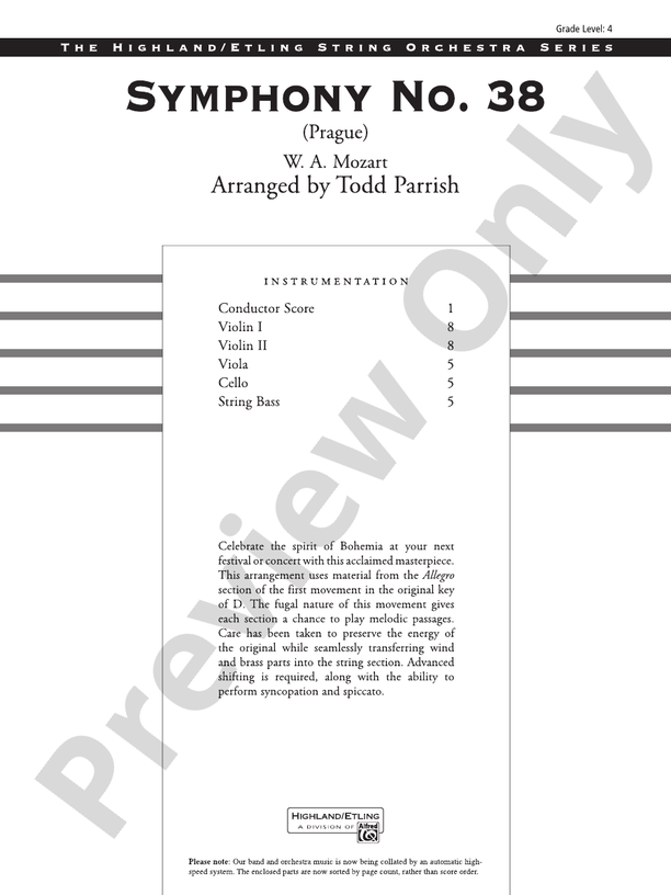 Symphony No. 38 – String Orchestra Conductor Score & Parts (Digital Download)