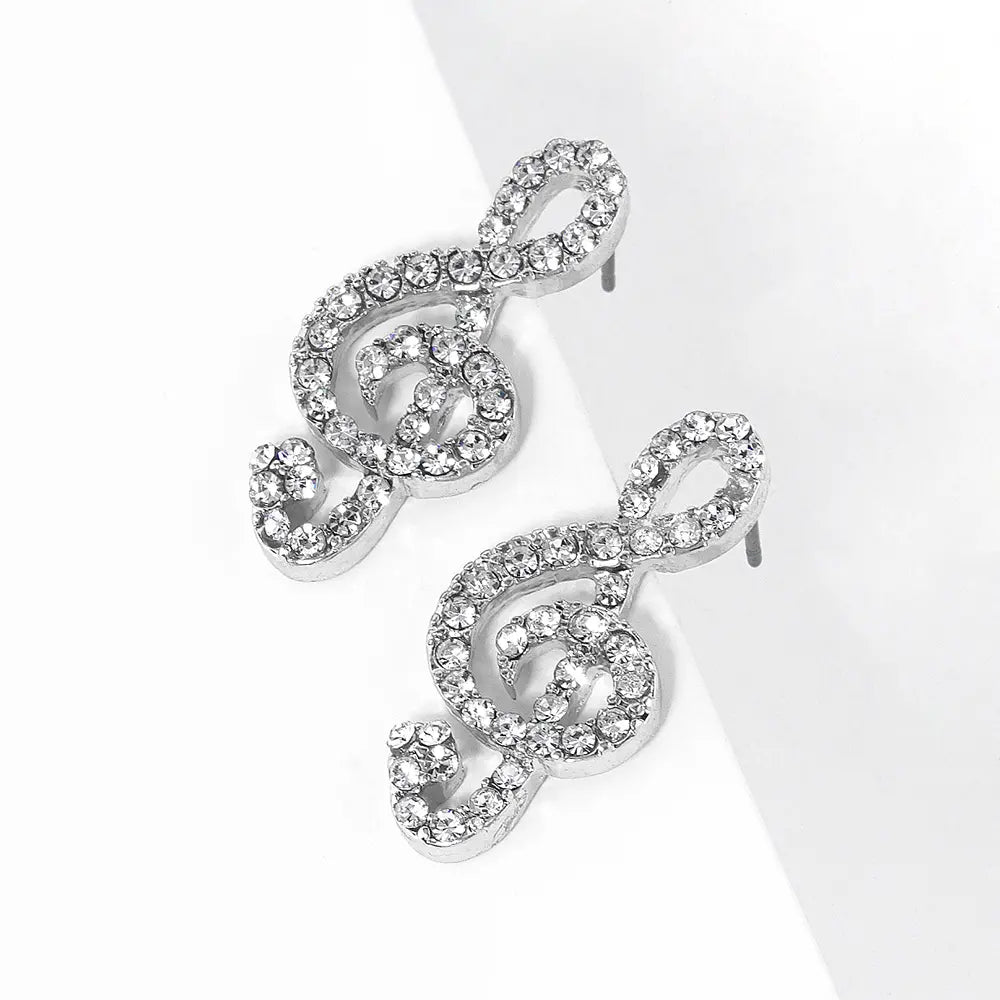 Crystal Paved Treble Clef Silver Stud Earrings
