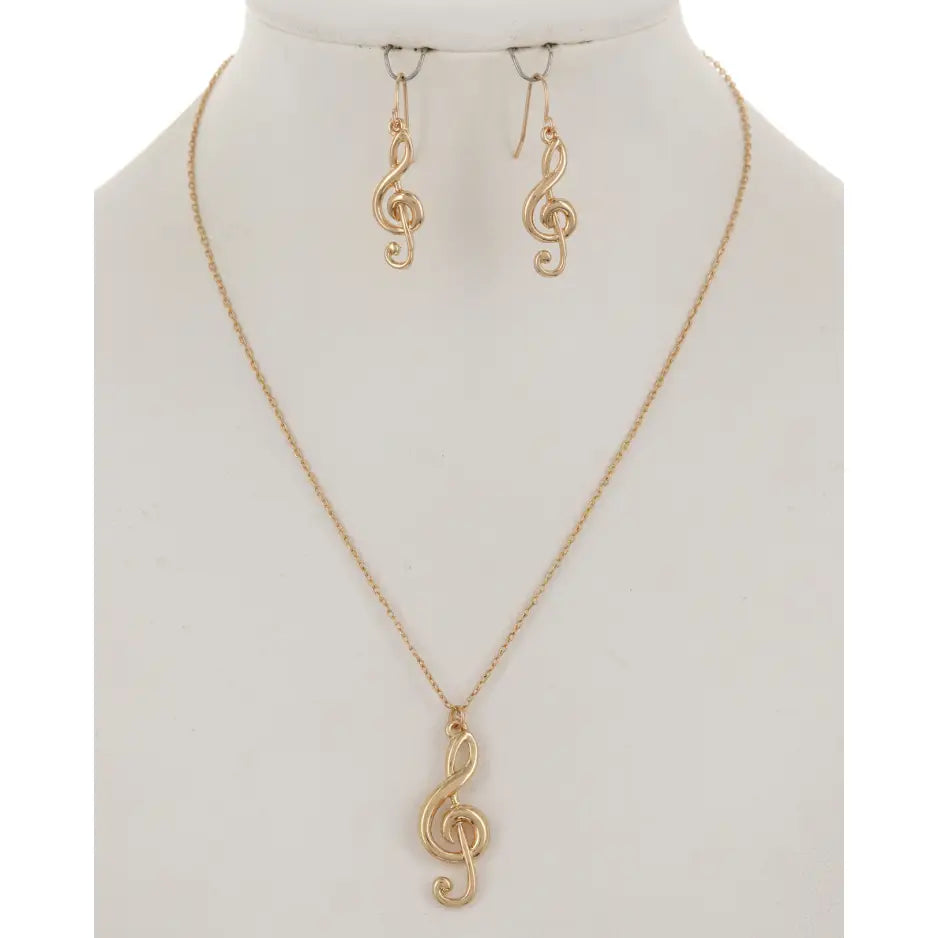 Gold Metal Treble Clef Drop Earrings with Pendant with Chain Set