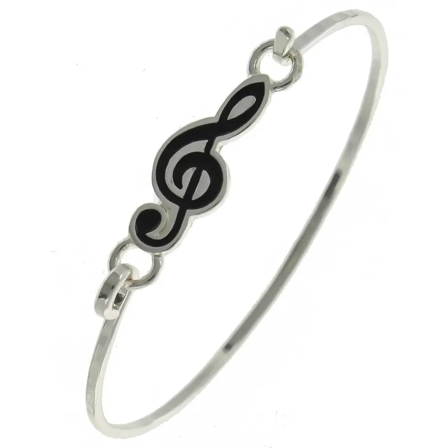 Silver Metal Casting Bangle Featuring an Epoxy Black Treble Clef