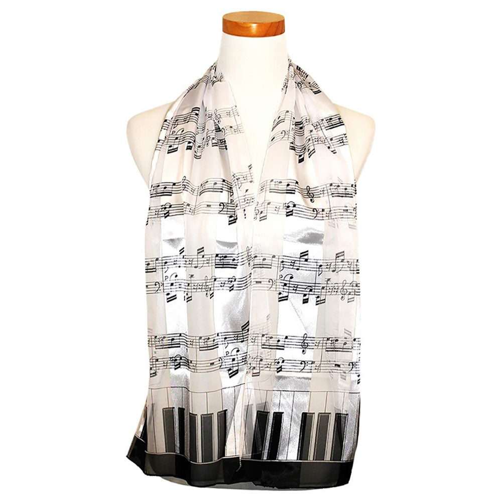 Music Themed Satin Scarf White with Black Treble Clef and Notes