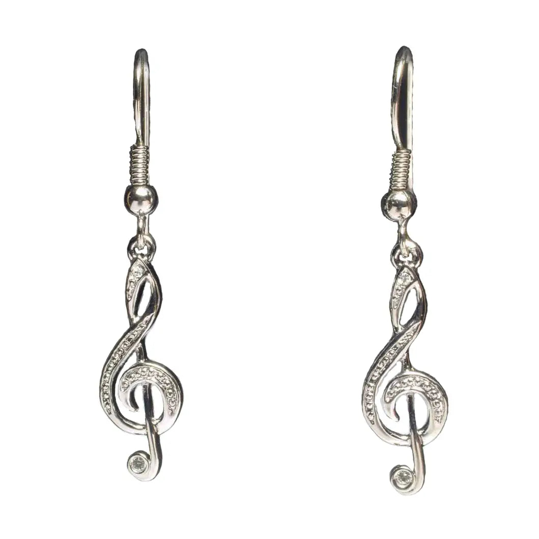 Silver Treble Clef Drop Earrings with Diamontes