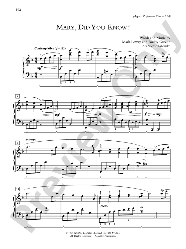Mary, Did You Know? (Arr. Victor Labenske) - Piano Solo (Digital Download)