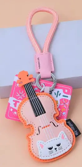 Violin Keyring with a Cartoon Cat Leather