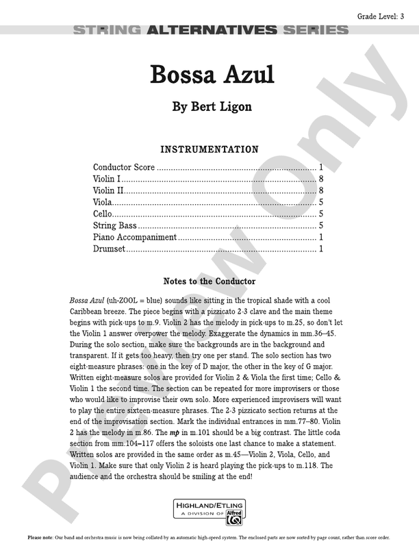 Bossa Azul – String Orchestra Conductor Score & Parts (Digital Download)