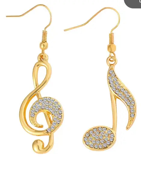 Drop Treble Clef and Quaver Gold Earrings with CZ Crystal Stones