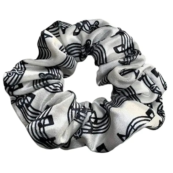 White Music Scrunchie with Black Notes and Stave Velvet