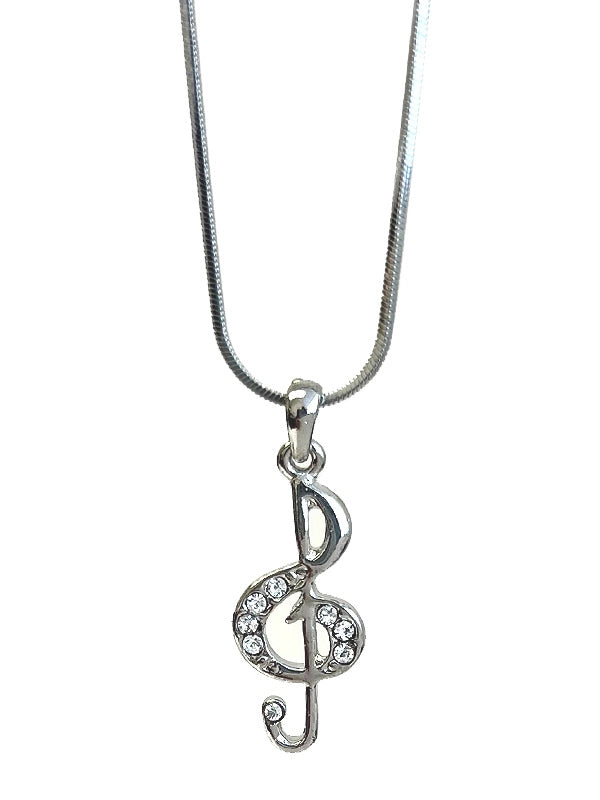 White Gold Plated Crystal Embellished Treble Clef Pendant with Chain Small