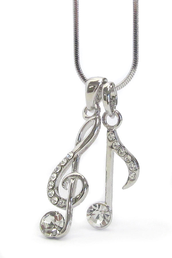 White gold plated Treble Clef and Quaver Pendants with Crystals and Chain