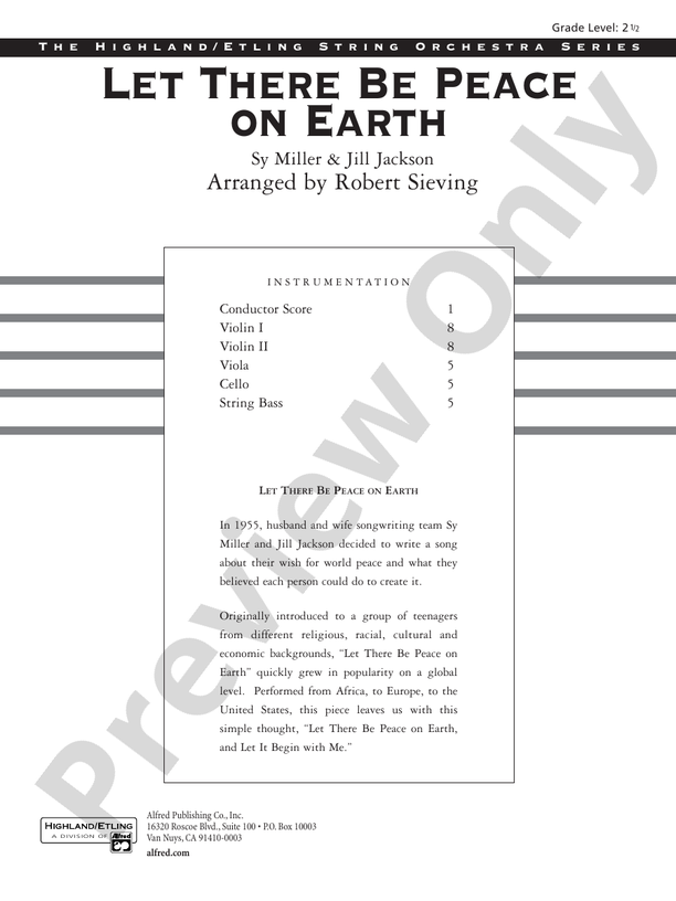 Let There Be Peace on Earth – String Orchestra Conductor Score & Parts (Digital Download)