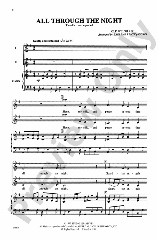 All Through the Night - Arr. Earlene Rentz - 2-Part Choral Octavo (Digital Download)