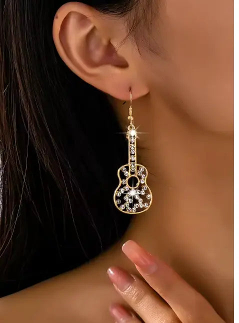 Gold Guitar Drop Earrings with White Crystals