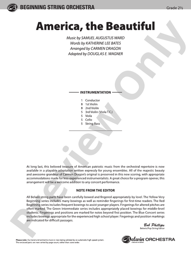 America, the Beautiful (Grade 2.5) – String Orchestra Conductor Score & Parts (Digital Download)
