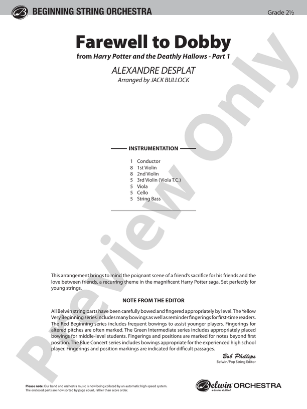 Farewell to Dobby (from Harry Potter and the Deathly Hallows, Part 1) – String Orchestra Conductor Score & Parts (Digital Download)
