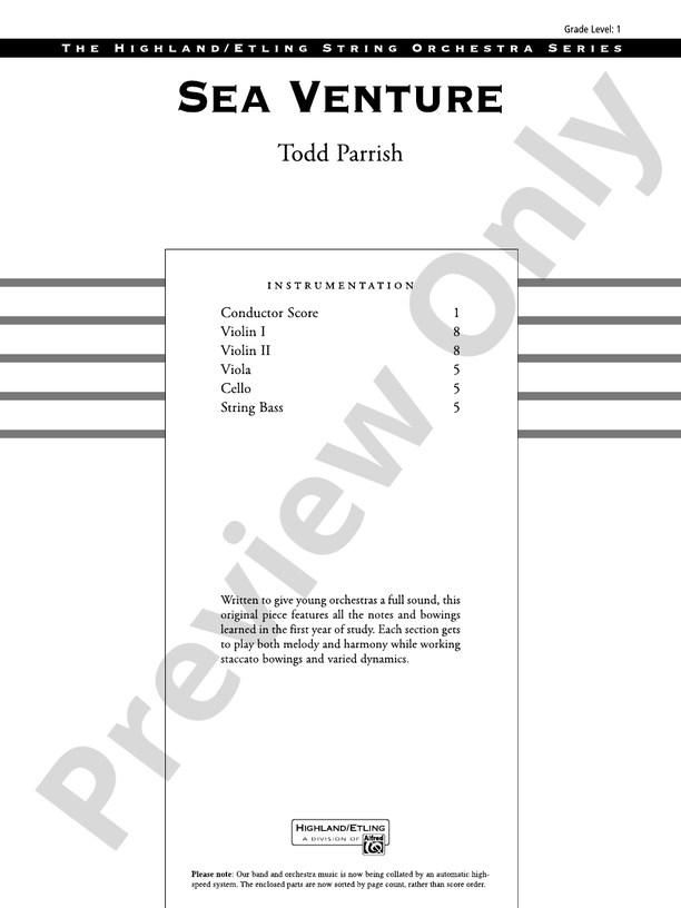 Sea Venture – String Orchestra Conductor Score & Parts (Digital Download)