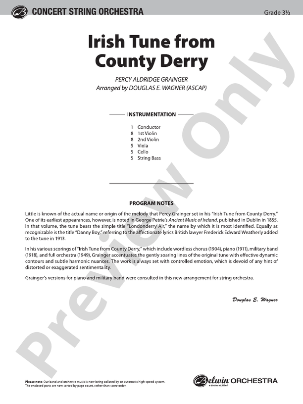 Irish Tune from County Derry (Grade 3.5) – String Orchestra Conductor Score & Parts (Digital Download)