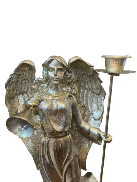 Angel with Trumpet Candle Holder Decoration Silvery Gold Colour