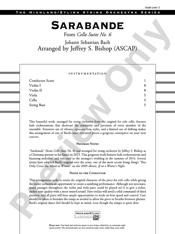 Sarabande – String Orchestra Conductor Score & Parts (Digital Download)