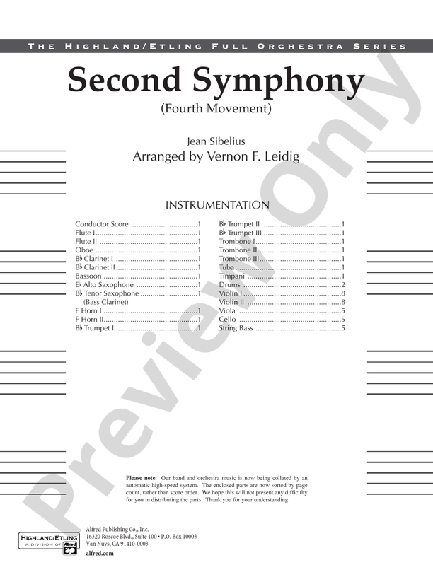 Sibelius's 2nd Symphony, 4th Movement – Full Orchestra Conductor Score & Parts (Digital Download)