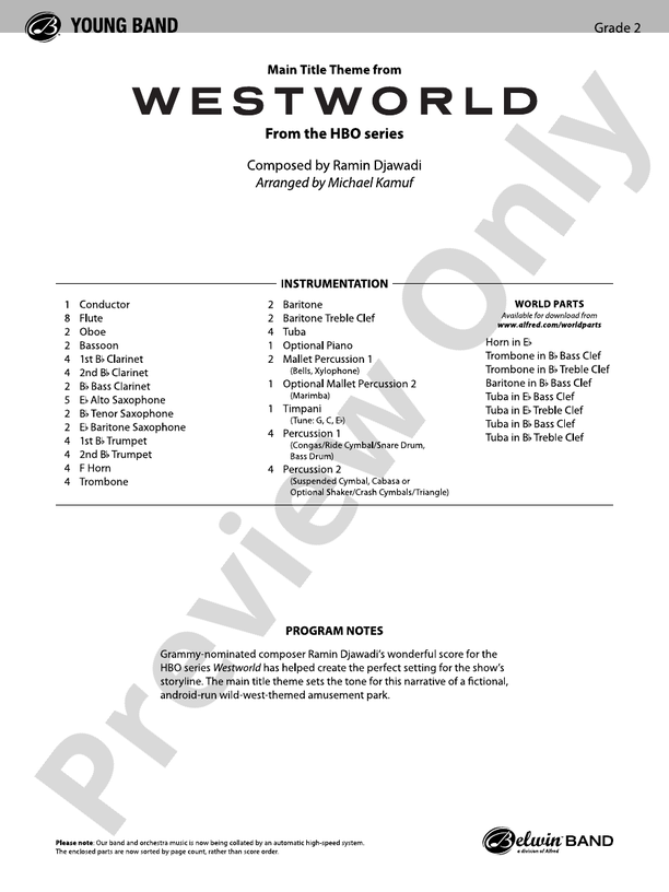 Main Title Theme from Westworld - Concert Band Conductor Score & Parts (Digital Download)