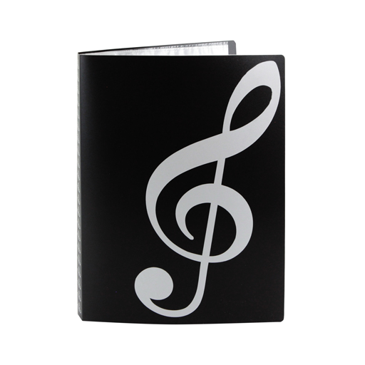 Display Book Folder 20 Pages Side Open Black with Silver Treble & Bass Clefs.