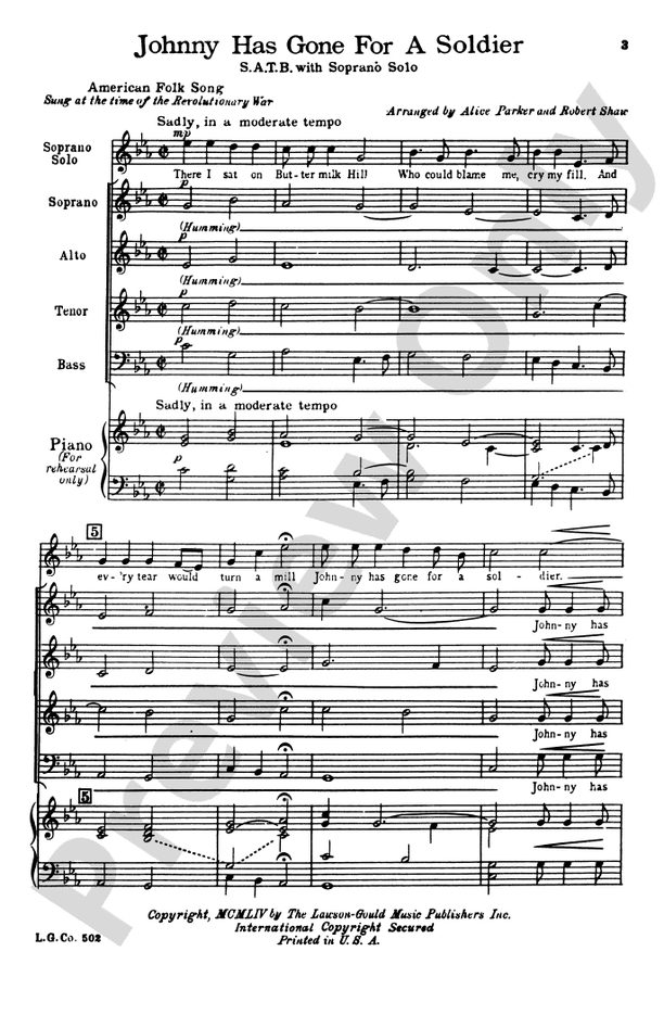 Johnny Has Gone for a Soldier - Arr. Shaw/Parker – SATB Choral Octavo (Digital Download)