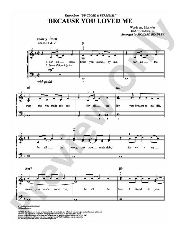 Because You Loved Me - Arr. Richard Bradley - Easy Piano (Digital Download)
