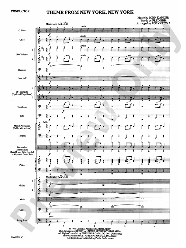 New York, New York, Theme from - Full Orchestra Conductor Score & Parts (Digital Download)