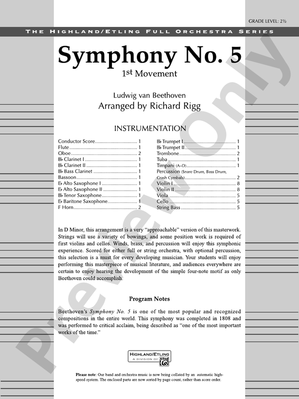 Symphony No. 5, 1st Movement – Full Orchestra Conductor Score & Parts (Digital Download)