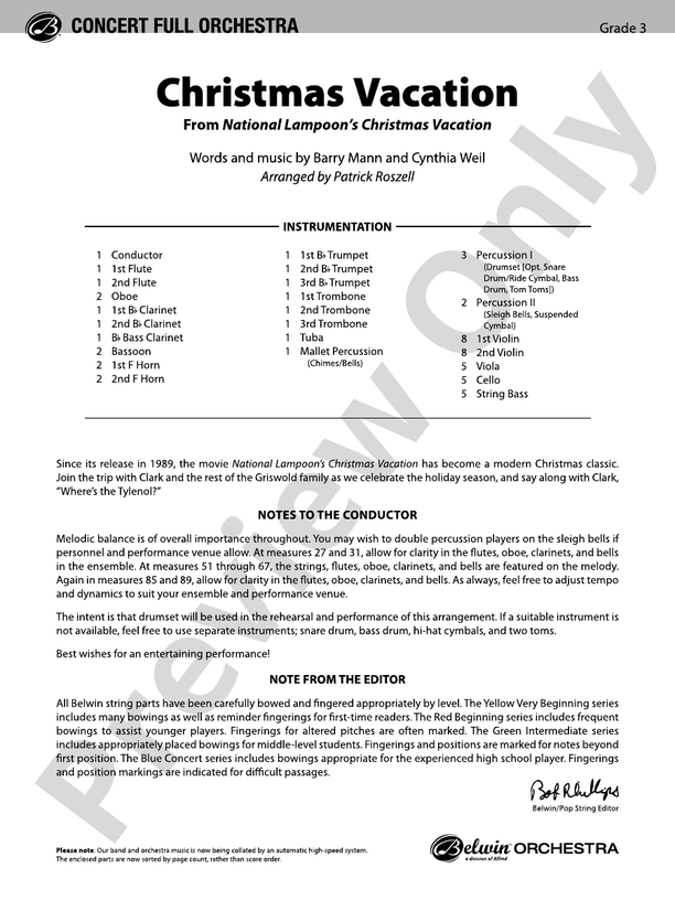 Christmas Vacation – Full Orchestra Conductor Score & Parts (Digital Download)