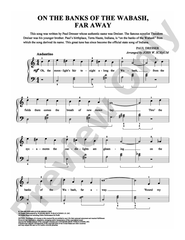 On the Banks of the Wabash, Far Away - Arr. John W Schaum - Easy Piano (Digital Download)