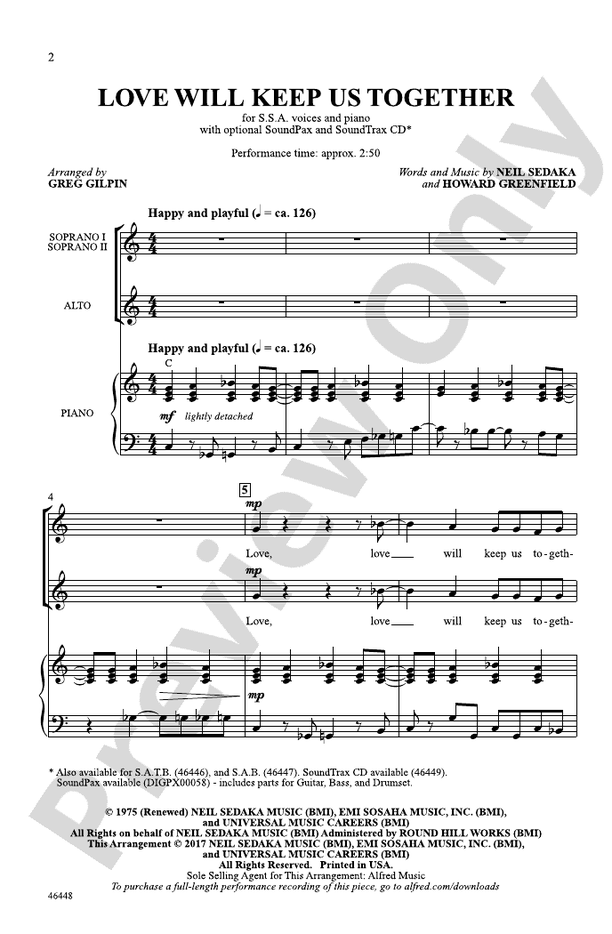 Love Will Keep Us Together – SSA Choral Octavo (Digital Download)