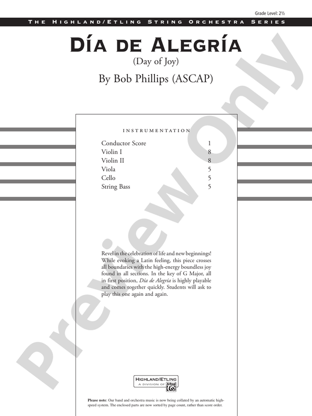 Día de Alegría (Day of Joy) – String Orchestra Conductor Score & Parts (Digital Download)
