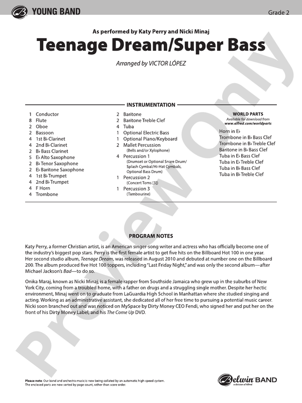 Teenage Dream / Super Bass - Concert Band Conductor Score & Parts (Digital Download)