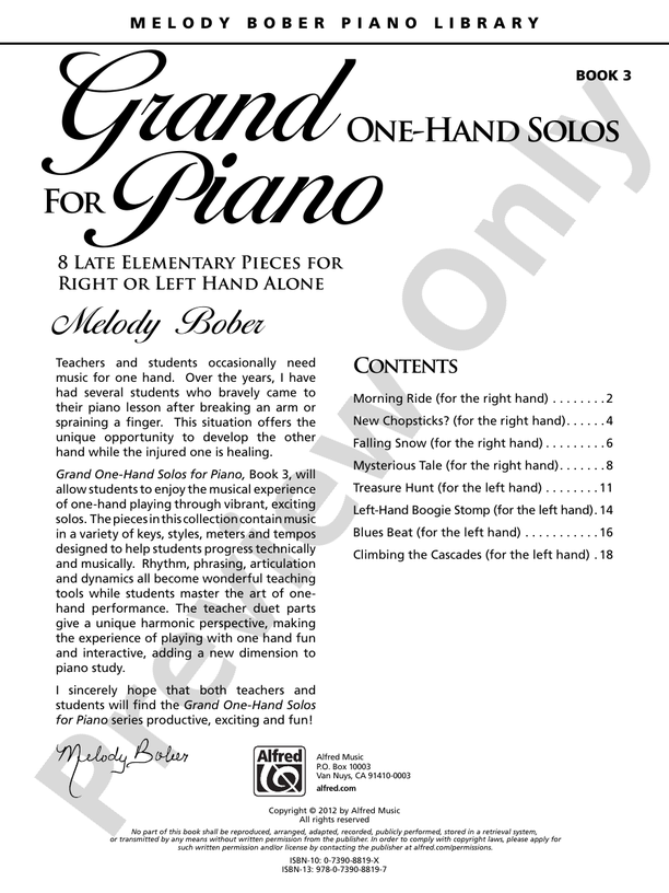 Grand One-Hand Solos for Piano, Book 3: 8 Late Elementary Pieces for Right or Left Hand Alone - Piano Solo (Digital Download)